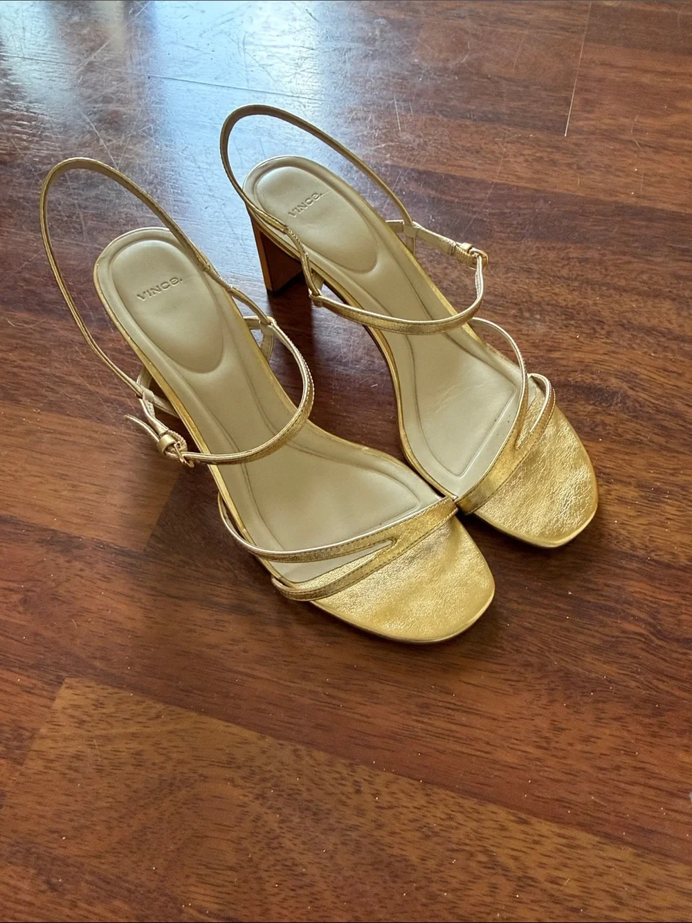 Vince Marcella Ankle Strap Gold Metallic Block Heel Sandals 9/40
